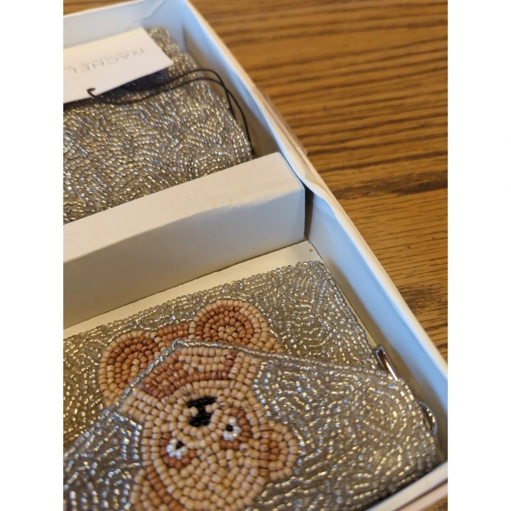 NEW Rachel Zoe Teddy Bear Beaded Clutch Wallet and Key Chain 3-Piece Set Ret $98